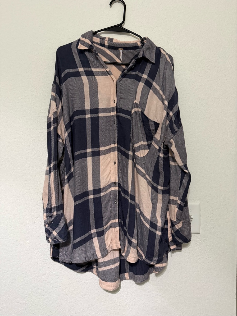 Free People Navy and Beige Plaid Button-Down Shirt